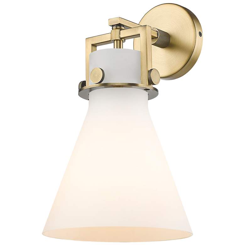 Image 1 Newton Cone 14" High Brushed Brass Sconce With Matte White Glass Shade