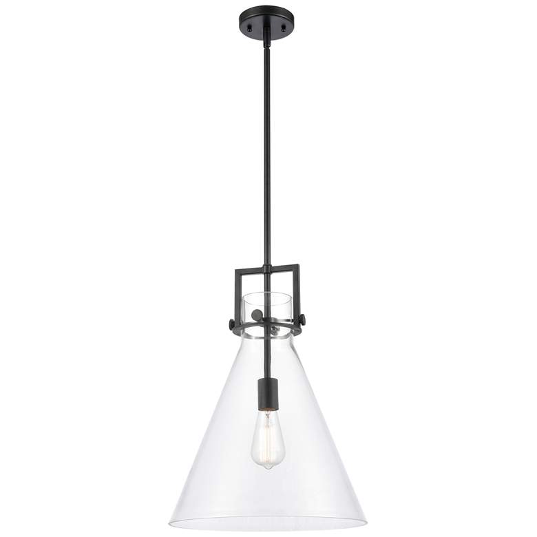 Image 1 Newton Cone 14" Matte Black LED Stem Hung Pendant With Clear Shade