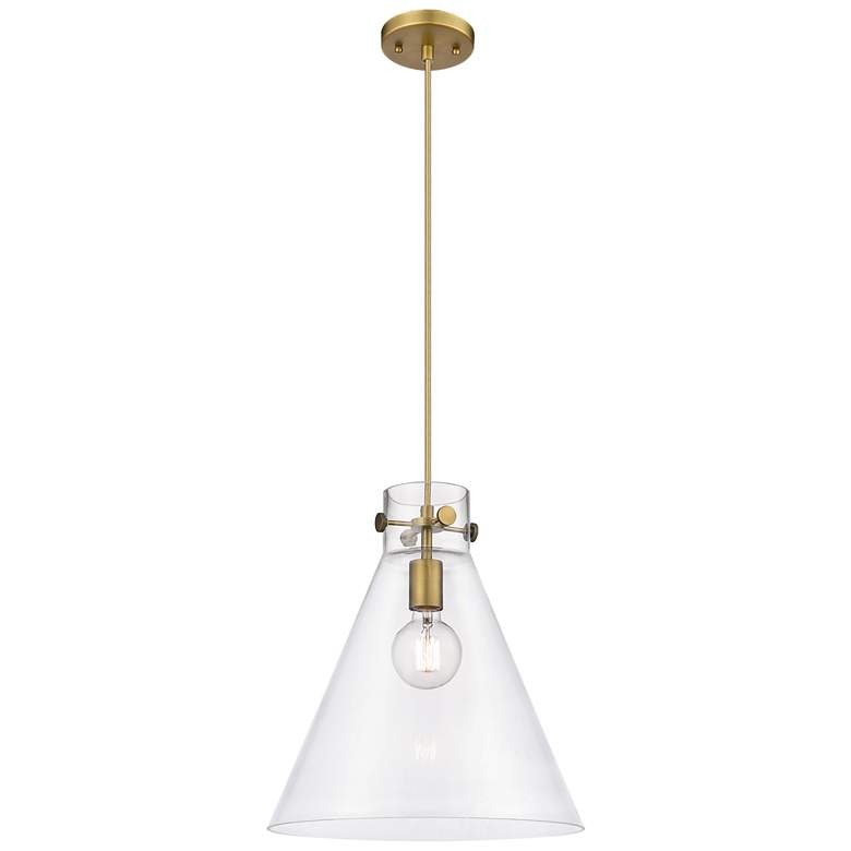 Image 1 Newton Cone 14" Wide Cord Hung Brushed Brass Pendant With Clear Shade