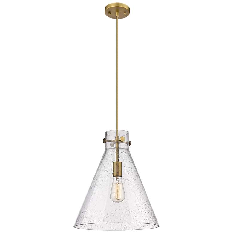 Image 1 Newton Cone 14" Wide Cord Hung Brushed Brass Pendant With Seedy Shade