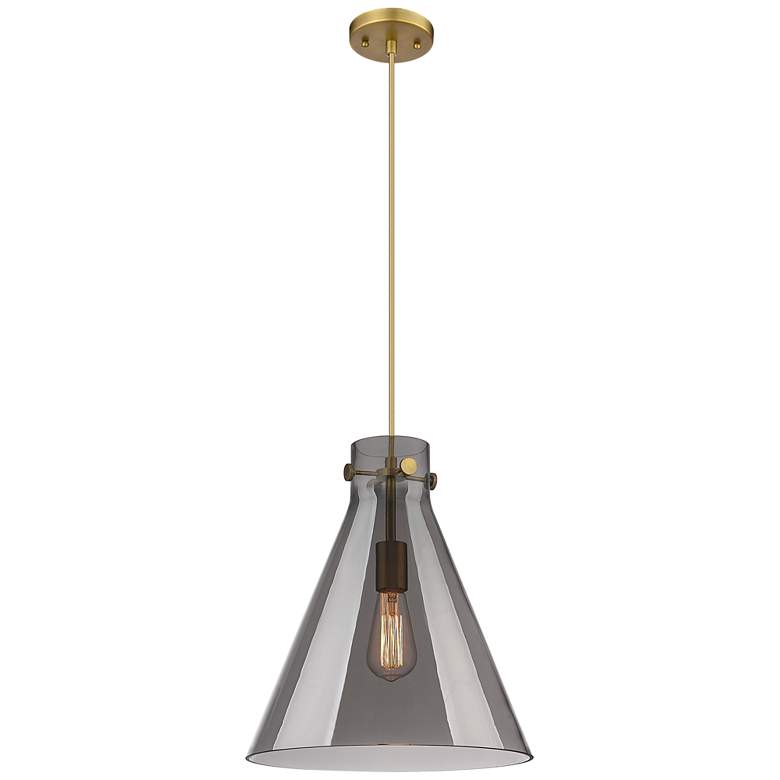 Image 1 Newton Cone 14" Wide Cord Hung Brushed Brass Pendant With Smoke Shade