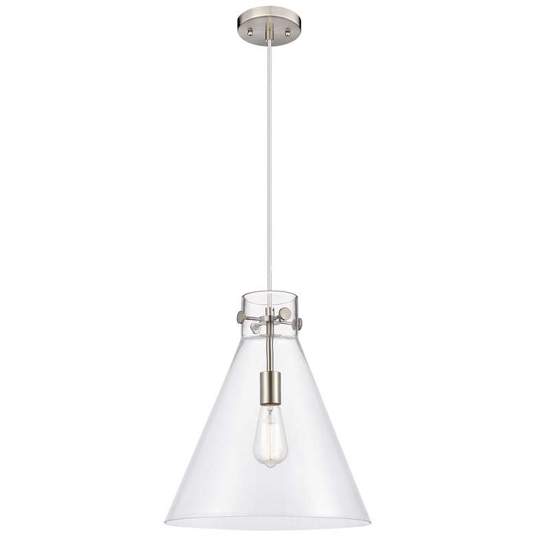 Image 1 Newton Cone 14" Wide Cord Hung Satin Nickel Pendant With Clear Shade