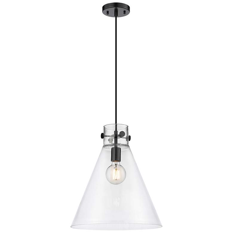Image 1 Newton Cone 14" Wide Matte Black Cord Hung Pendant With Clear Glass Sh
