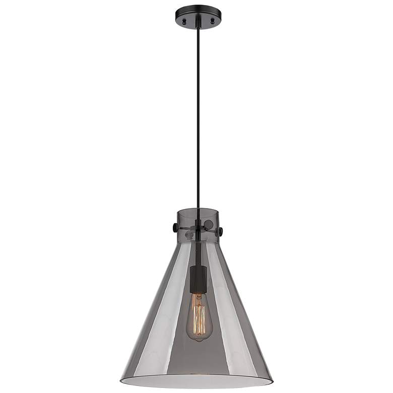 Image 1 Newton Cone 14" Wide Matte Black Cord Hung Pendant With Plated Smoke S