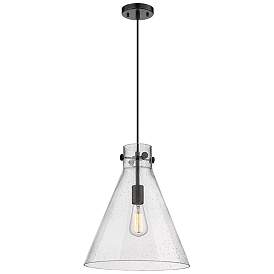 Image1 of Newton Cone 14" Wide Matte Black Cord Hung Pendant With Seedy Glass Sh