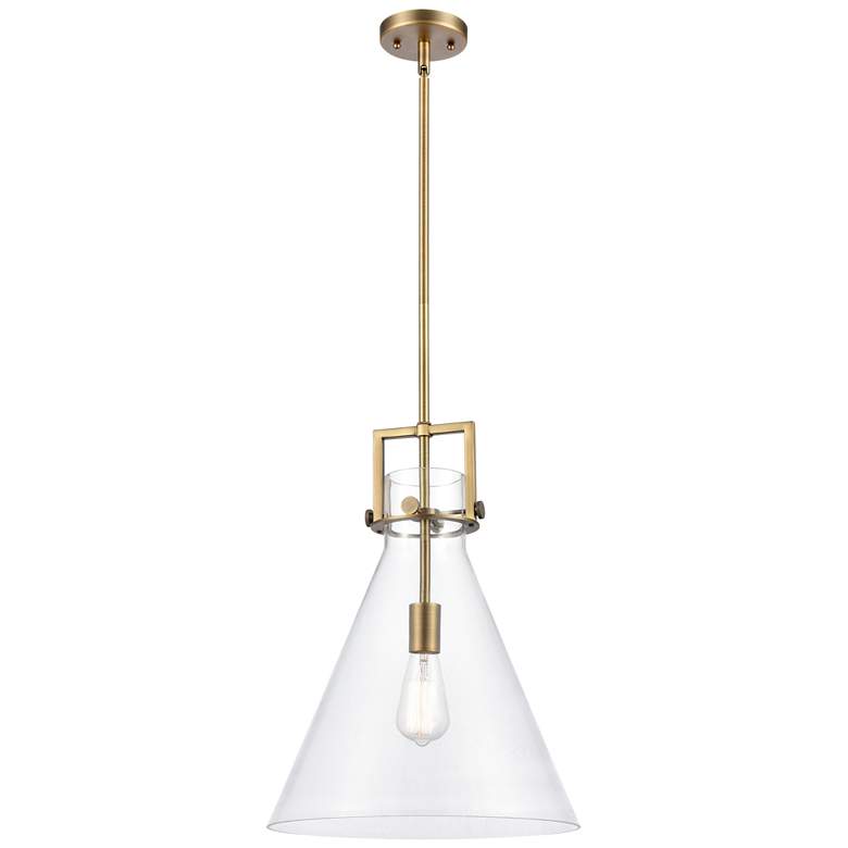 Image 1 Newton Cone 14" Wide Stem Hung Brushed Brass Pendant With Clear Shade