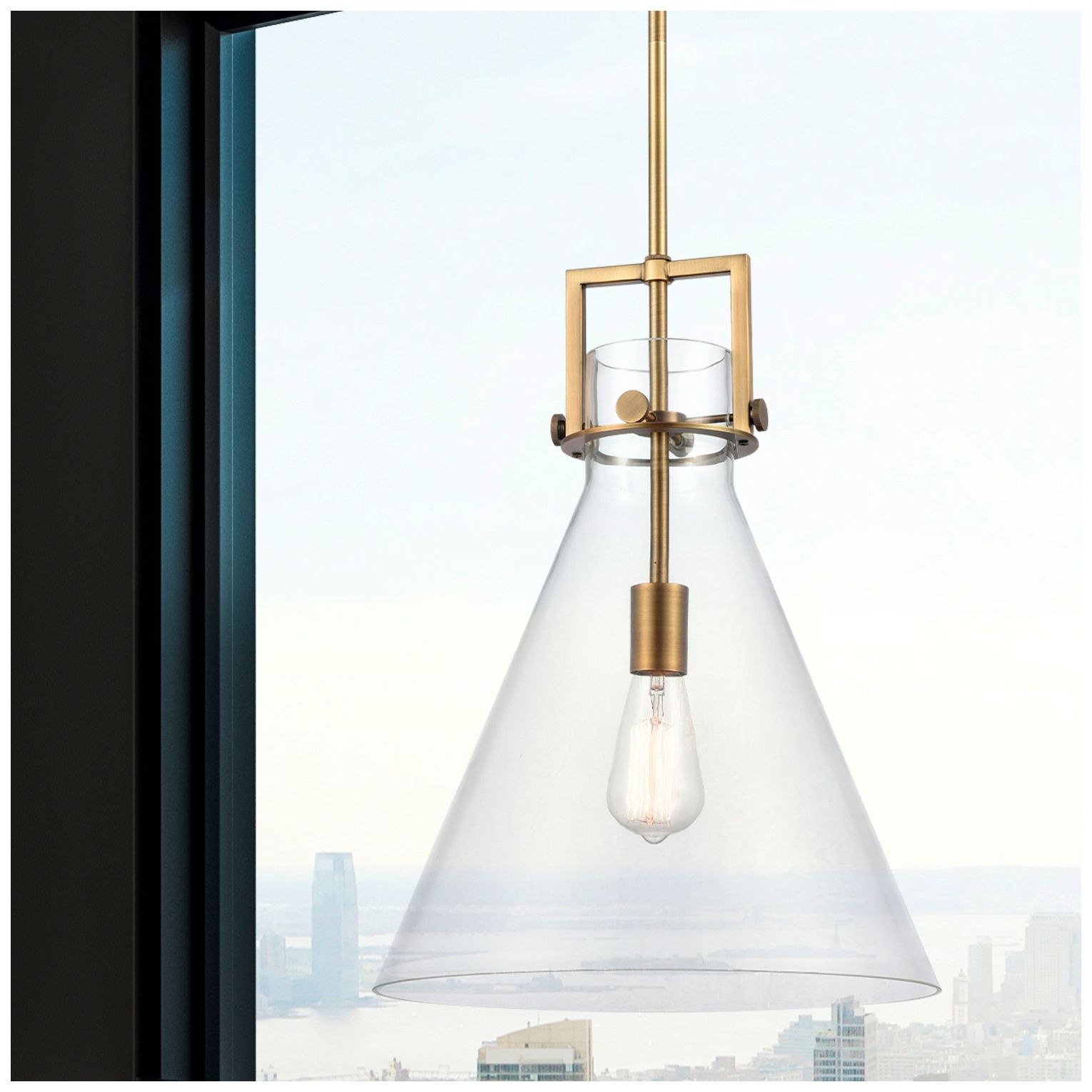 Thumbnail3 of Newton Cone 14" Wide Stem Hung Brushed Brass Pendant With Clear Shade more views