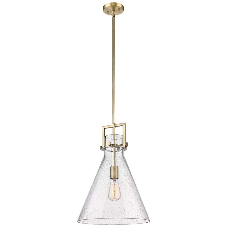 Image 1 Newton Cone 14" Wide Stem Hung Brushed Brass Pendant With Seedy Shade