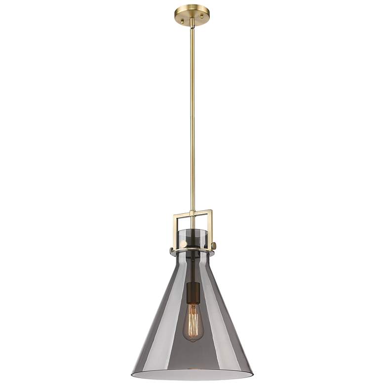 Image 1 Newton Cone 14" Wide Stem Hung Brushed Brass Pendant With Smoke Shade