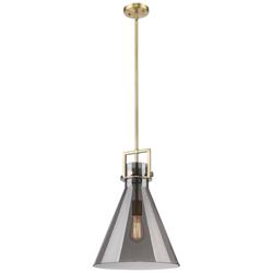 Newton Cone 14" Wide Stem Hung Brushed Brass Pendant With Smoke Shade