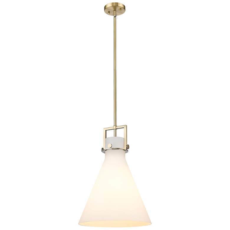 Image 1 Newton Cone 14" Wide Stem Hung Brushed Brass Pendant With White Shade