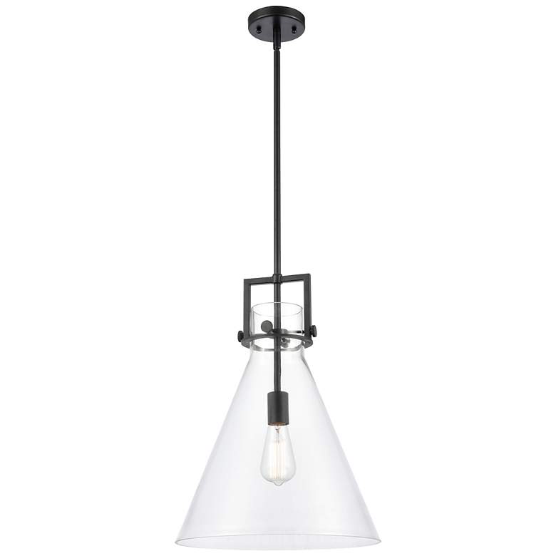 Image 1 Newton Cone 14" Wide Stem Hung Matte Black Pendant With Clear Shade
