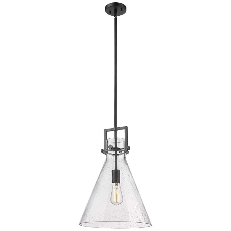 Image 1 Newton Cone 14" Wide Stem Hung Matte Black Pendant With Seedy Shade