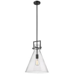 Newton Cone 14" Wide Stem Hung Matte Black Pendant With Seedy Shade