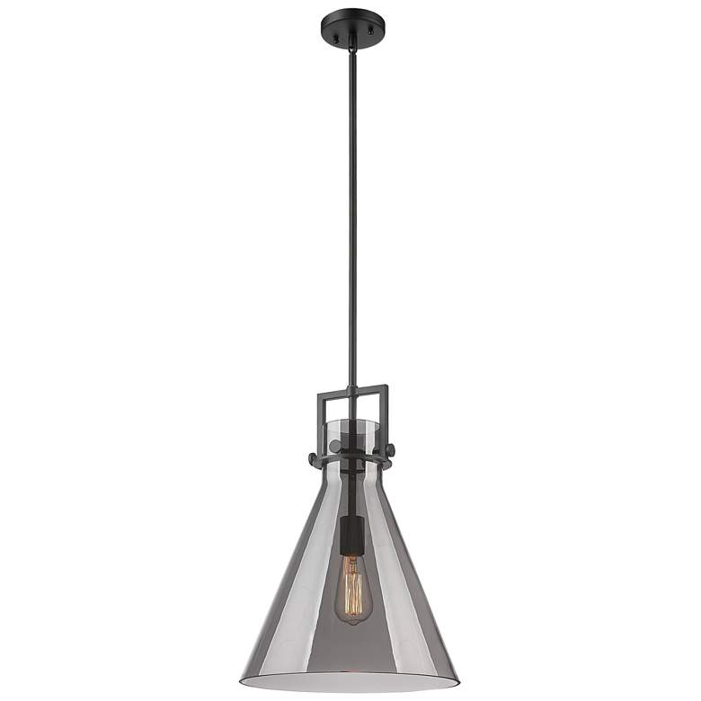 Image 1 Newton Cone 14" Wide Stem Hung Matte Black Pendant With Smoke Shade