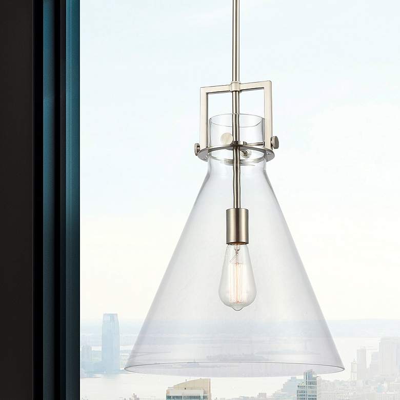 Image 1 Newton Cone 14" Wide Stem Hung Satin Nickel Pendant With Clear Shade