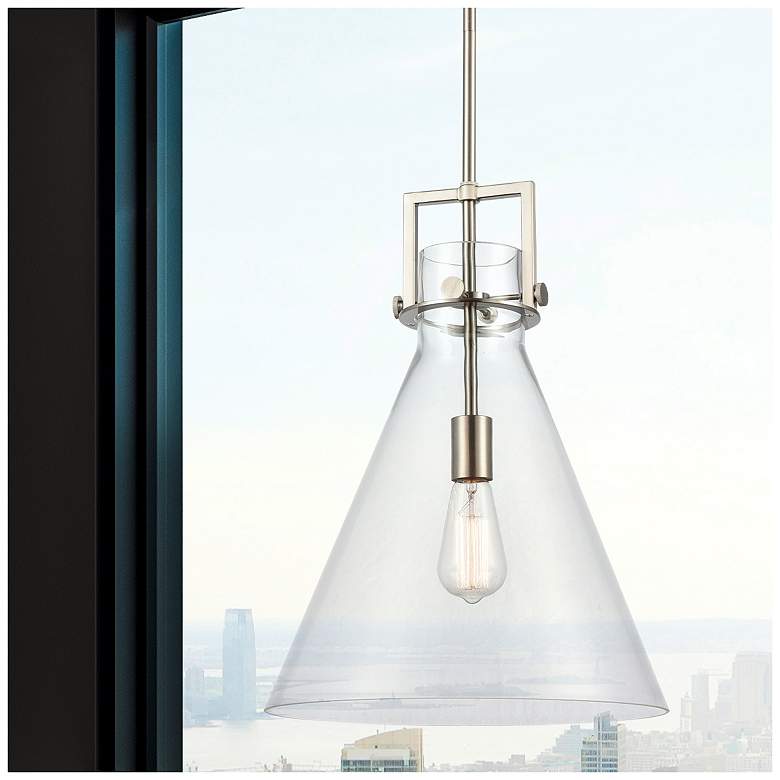 Image 4 Newton Cone 14" Wide Stem Hung Satin Nickel Pendant With Clear Shade more views