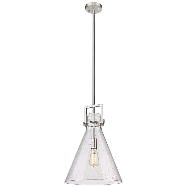 Image 1 Newton Cone 14" Wide Stem Hung Satin Nickel Pendant With Seedy Shade