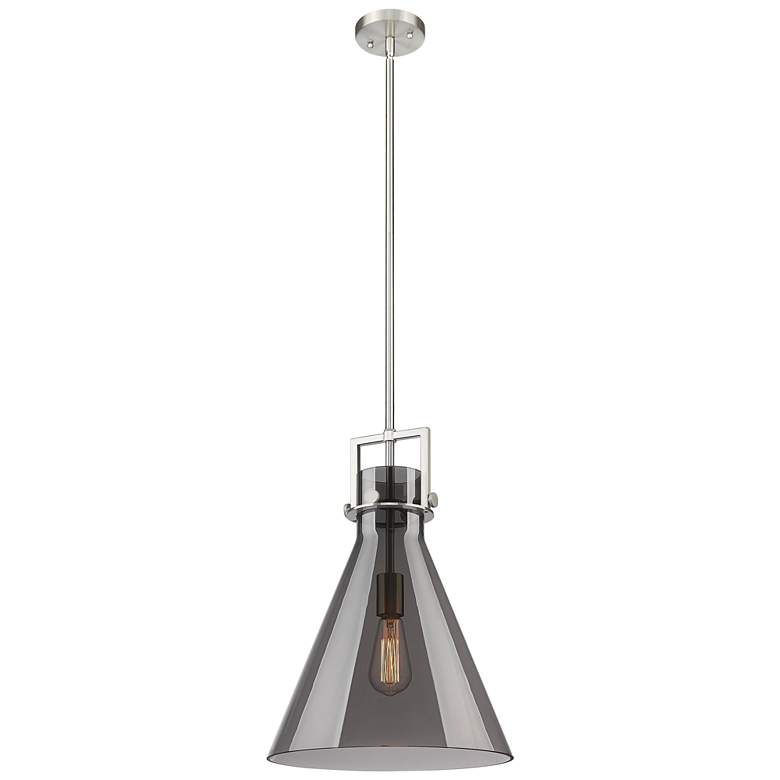 Image 1 Newton Cone 14" Wide Stem Hung Satin Nickel Pendant With Smoke Shade