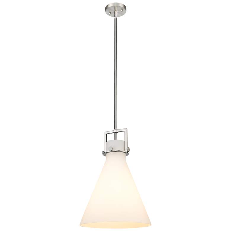 Image 1 Newton Cone 14 inch Wide Stem Hung Satin Nickel Pendant With White Shade