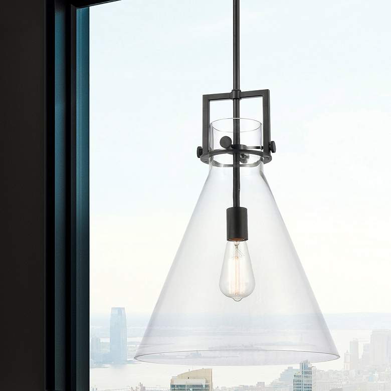 Image 1 Newton Cone 14"W Matte Black and Clear Glass Pendant Light