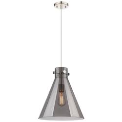 Newton Cone 14&quot;W Polished Nickel Cord Hung Pendant With Plated Smoke S