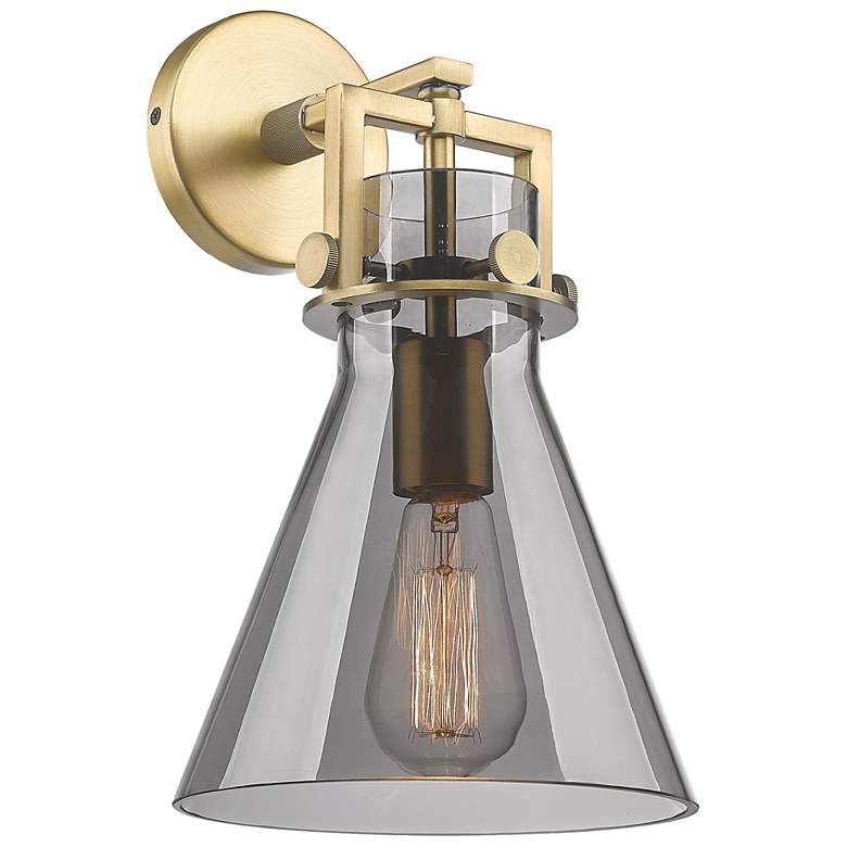 Image 1 Newton Cone 15" High Brushed Brass Smoke Glass Wall Sconce