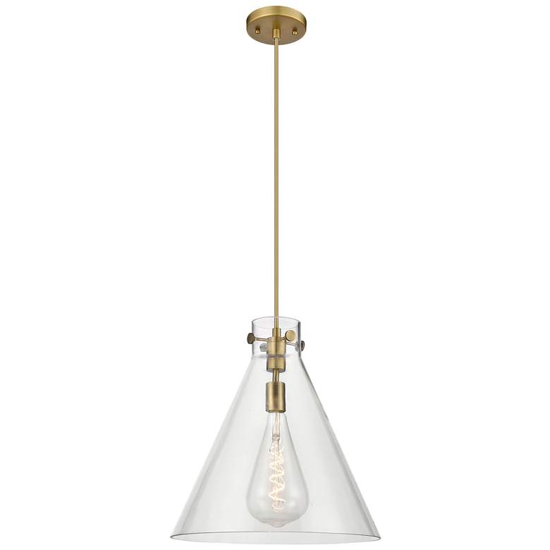 Image 1 Newton Cone 16" Wide Cord Hung Brushed Brass Pendant With Clear Shade