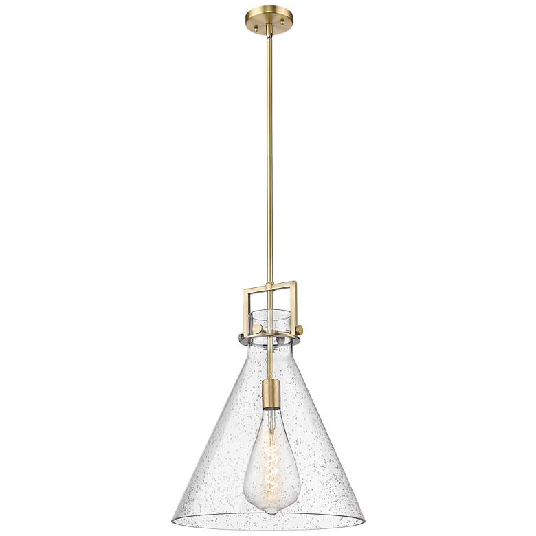 Image 1 Newton Cone 16" Wide Stem Hung Brushed Brass Pendant With Seedy Shade