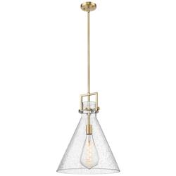 Newton Cone 16" Wide Stem Hung Brushed Brass Pendant With Seedy Shade