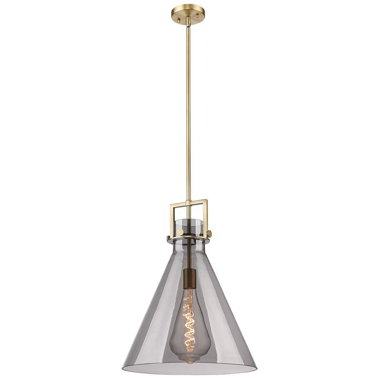 Image 1 Newton Cone 16" Wide Stem Hung Brushed Brass Pendant With Smoke Shade