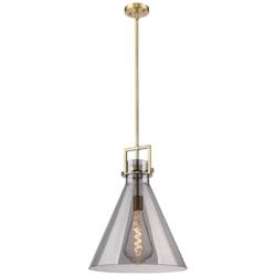 Newton Cone 16" Wide Stem Hung Brushed Brass Pendant With Smoke Shade