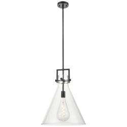 Newton Cone 16" Wide Stem Hung Matte Black Pendant With Clear Shade