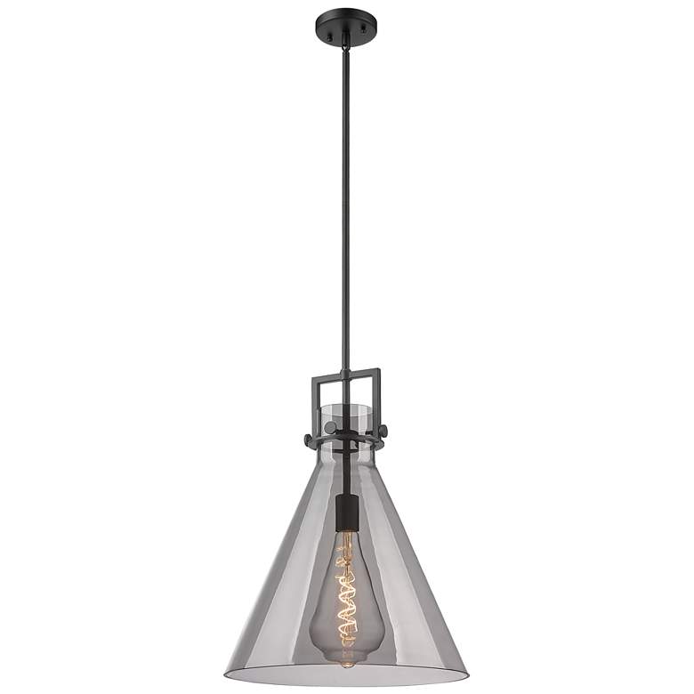 Image 1 Newton Cone 16" Wide Stem Hung Matte Black Pendant With Smoke Shade