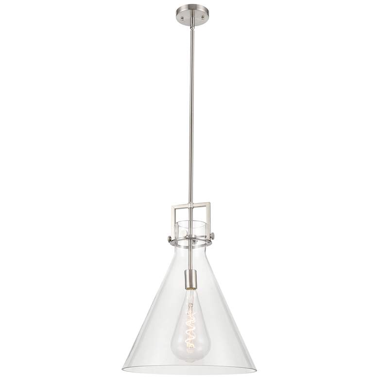 Image 1 Newton Cone 16" Wide Stem Hung Satin Nickel Pendant With Clear Shade