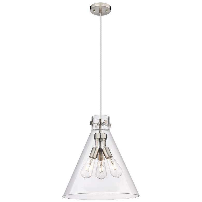 Image 1 Newton Cone 16 inchW 3 Light Satin Nickel Cord Hung Pendant With Clear Sha