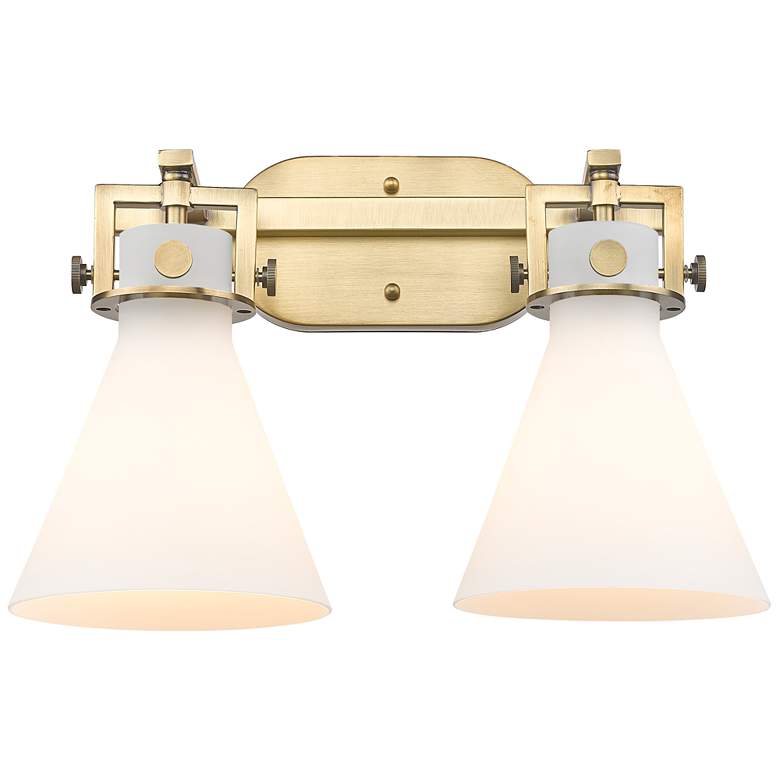 Image 1 Newton Cone 17" Wide 2 Light Brushed Brass Bath Light With White Shade