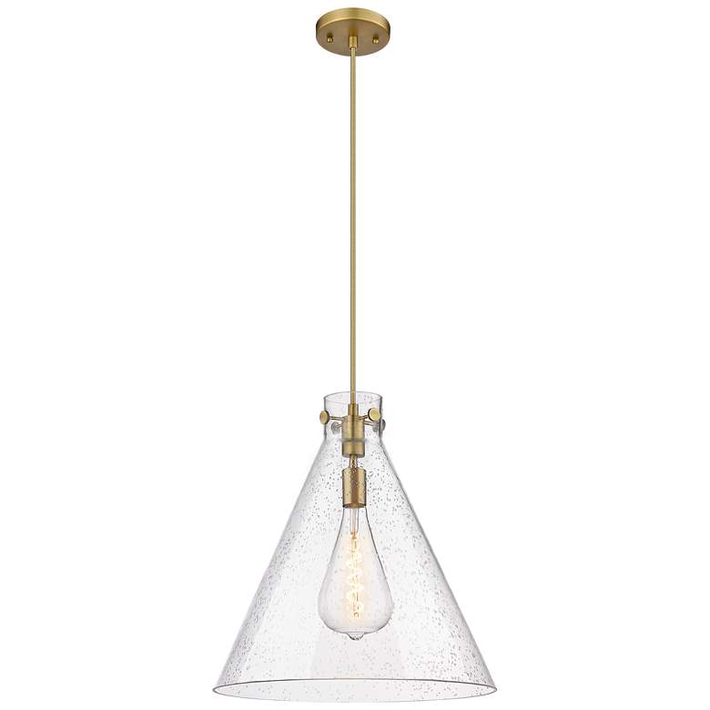 Image 1 Newton Cone 18" Wide Cord Hung Brushed Brass Pendant With Seedy Shade