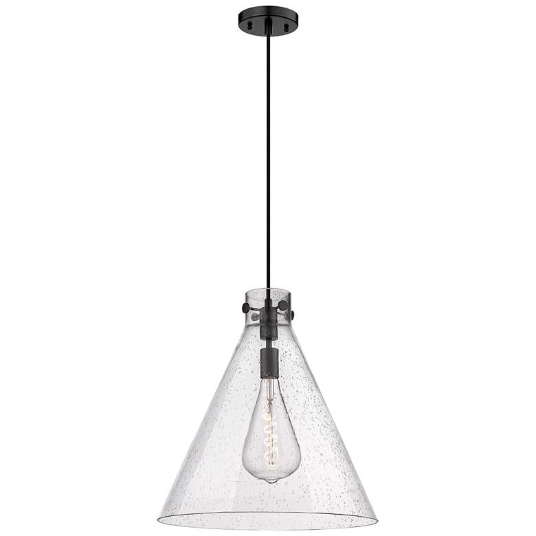Image 1 Newton Cone 18" Wide Cord Hung Matte Black Pendant With Seedy Shade