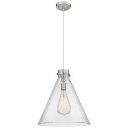 Newton Cone 18&quot; Wide Cord Hung Satin Nickel Pendant With Seedy Shade