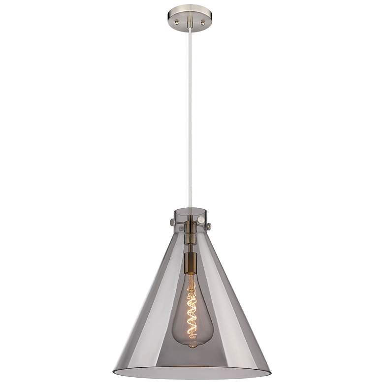 Image 1 Newton Cone 18 inch Wide Cord Hung Satin Nickel Pendant With Smoke Shade