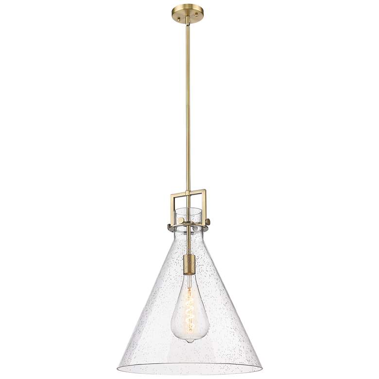 Image 1 Newton Cone 18" Wide Stem Hung Brushed Brass Pendant With Seedy Shade