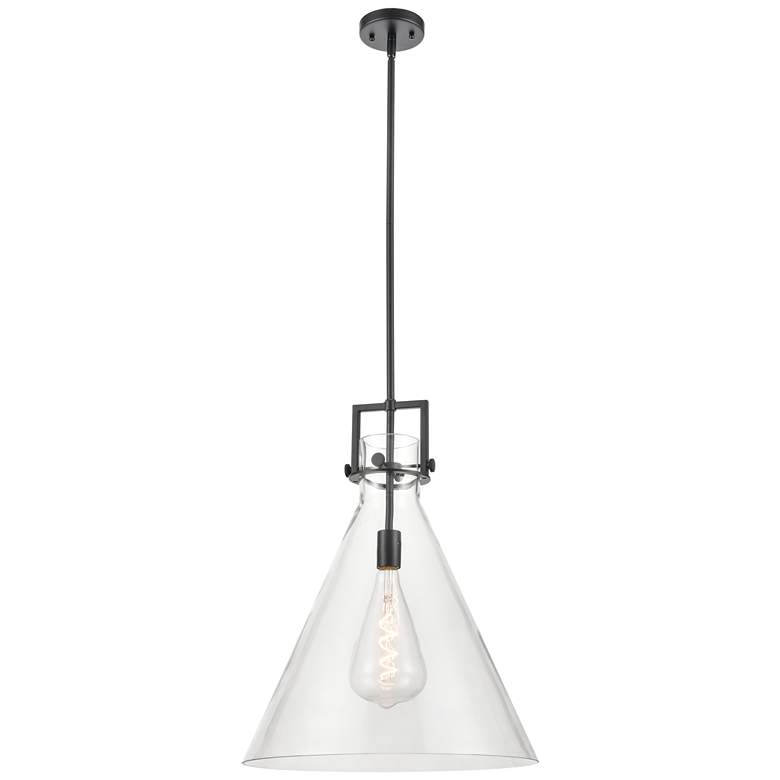 Image 1 Newton Cone 18" Wide Stem Hung Matte Black Pendant With Clear Shade
