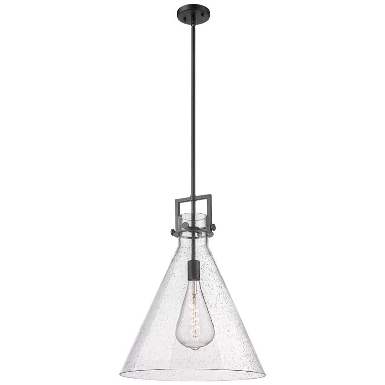 Image 1 Newton Cone 18" Wide Stem Hung Matte Black Pendant With Seedy Shade