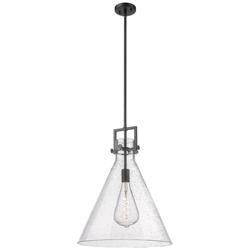Newton Cone 18" Wide Stem Hung Matte Black Pendant With Seedy Shade