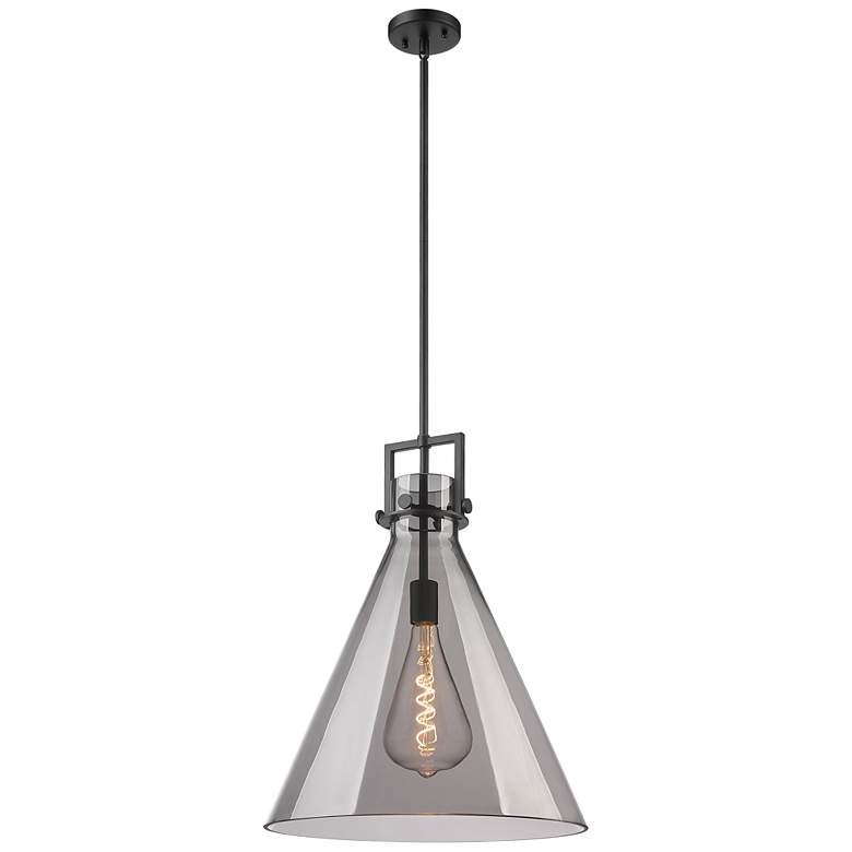 Image 1 Newton Cone 18" Wide Stem Hung Matte Black Pendant With Smoke Shade