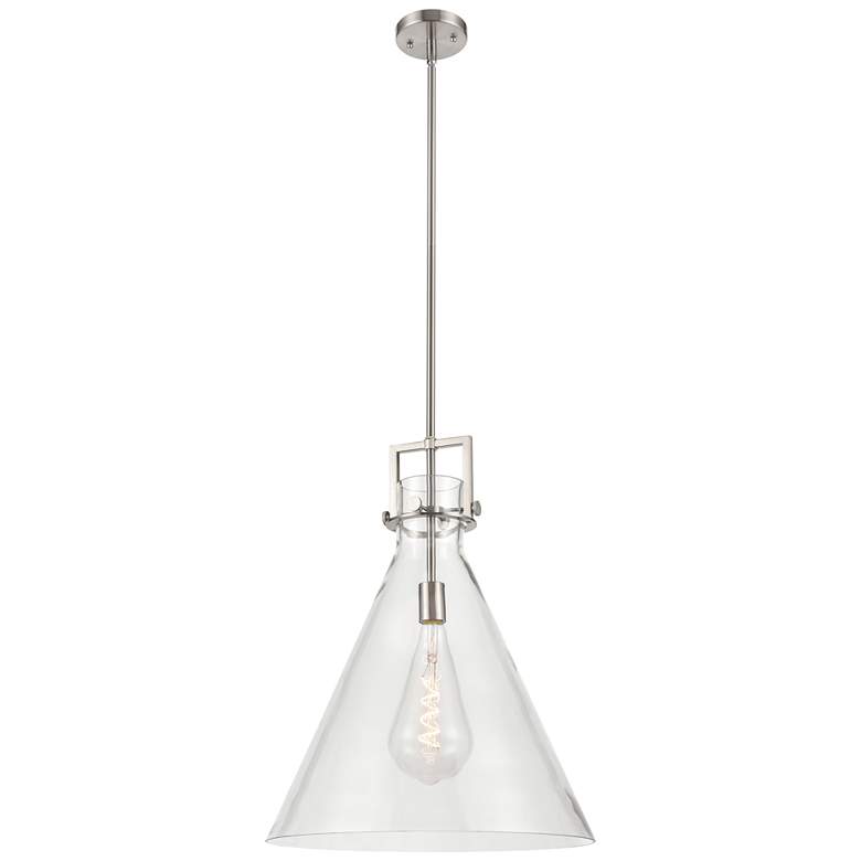Image 1 Newton Cone 18" Wide Stem Hung Satin Nickel Pendant With Clear Shade