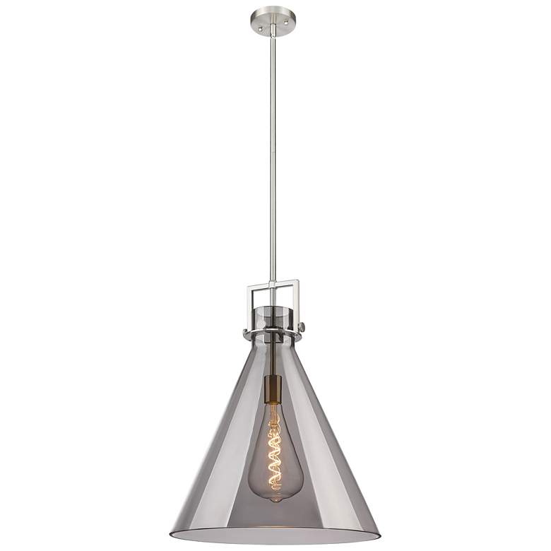 Image 1 Newton Cone 18" Wide Stem Hung Satin Nickel Pendant With Smoke Shade