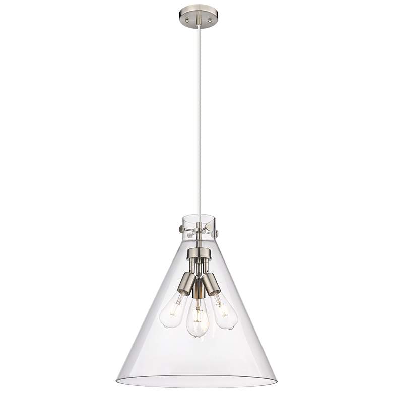 Image 1 Newton Cone 18 inchW 3 Light Satin Nickel Cord Hung Pendant With Clear Sha