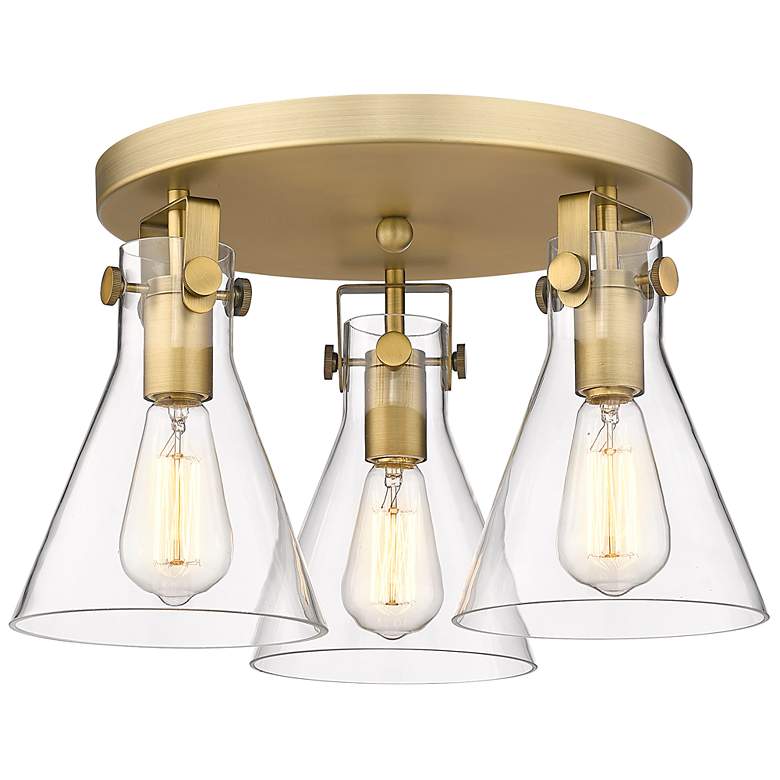 Image 1 Newton Cone 19.6" Wide 3 Light Brushed Brass Flush Mount with Clear Sh
